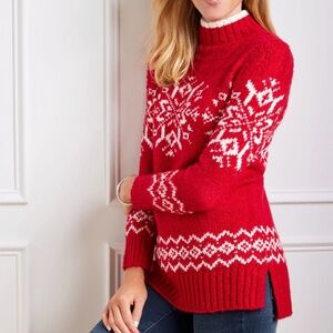TALBOTS Snowflake Fair Isle Turtleneck Sweater Red & White Size Small